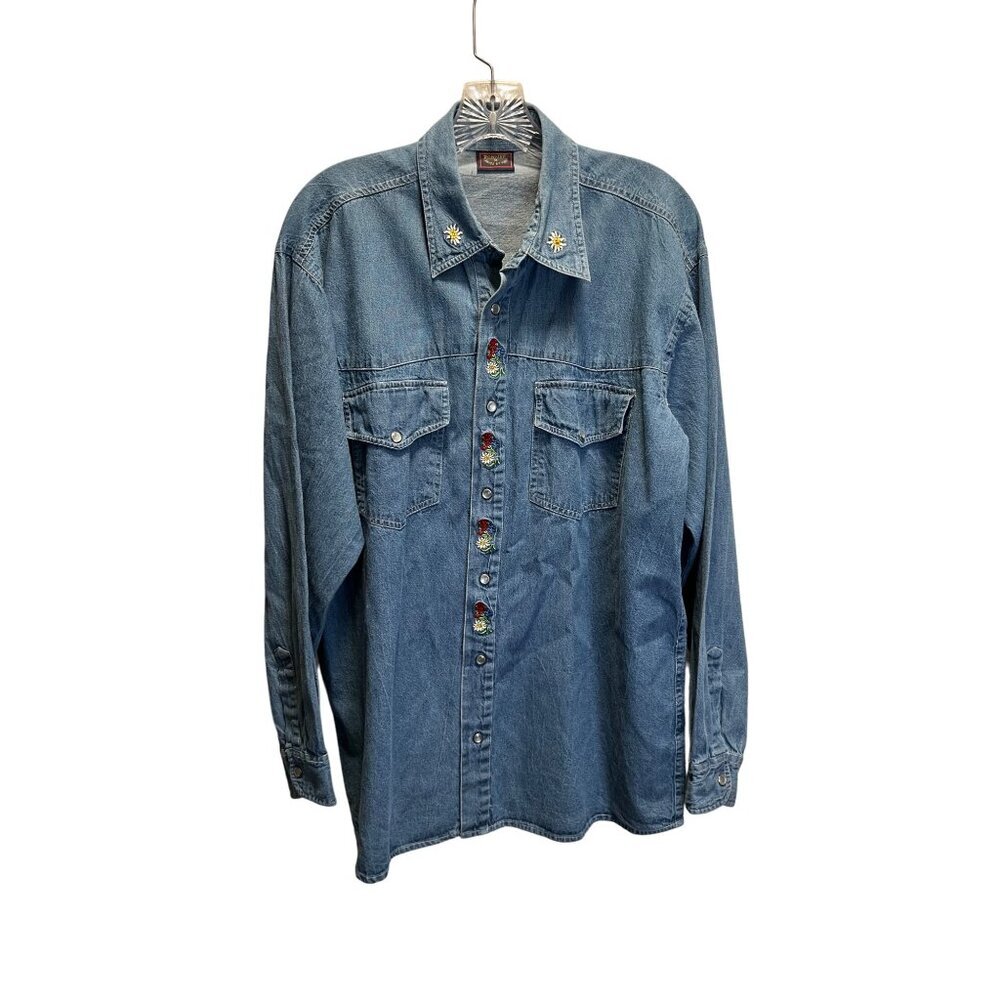 Vintage Ronweil Swiss Style Denim Shirt W/ Floral Embroidery & snap buttons Size